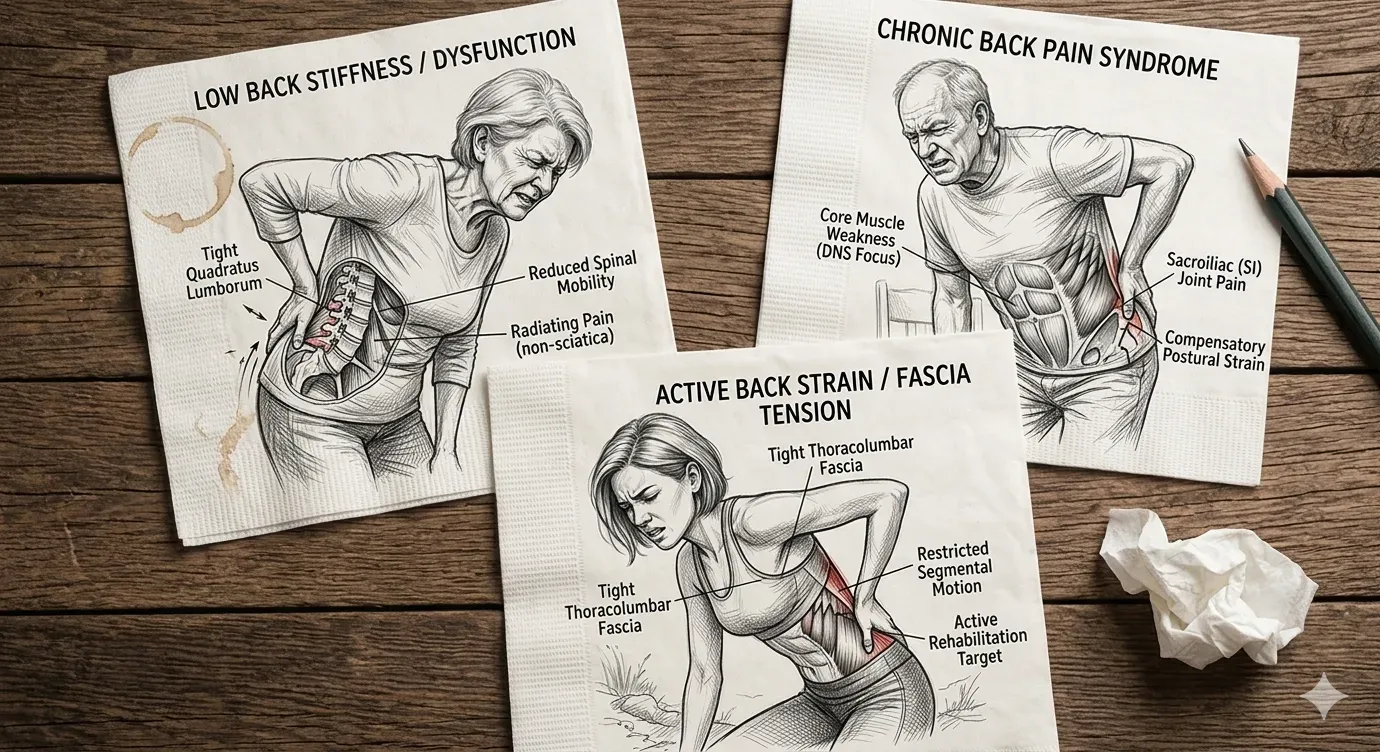 The lower back as the area under load — hips, mid-back, and pelvis marked as the regions sharing or failing to share the work.