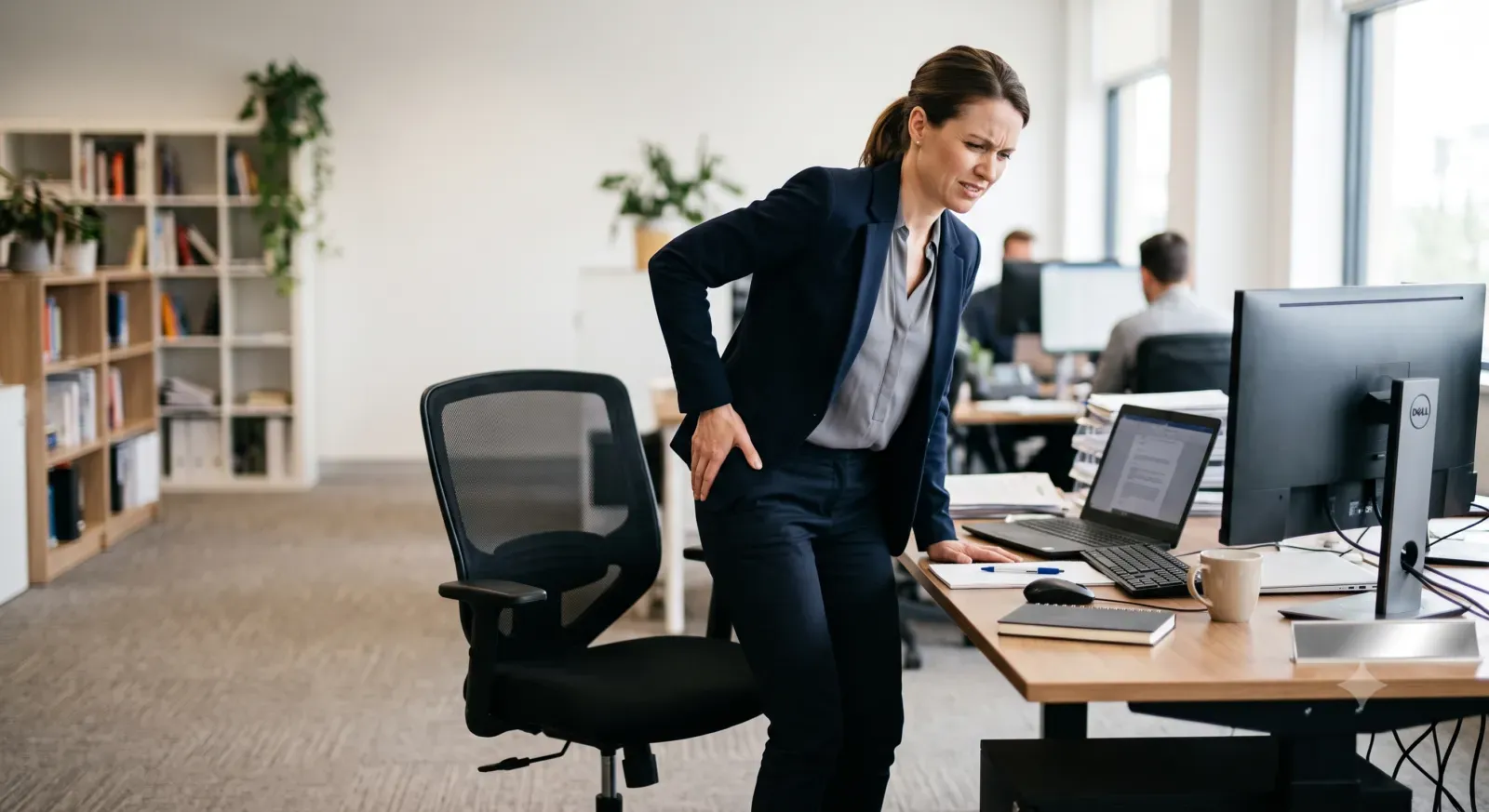 A person standing up from a desk chair, hand on the outer/point of the hip, slight wince