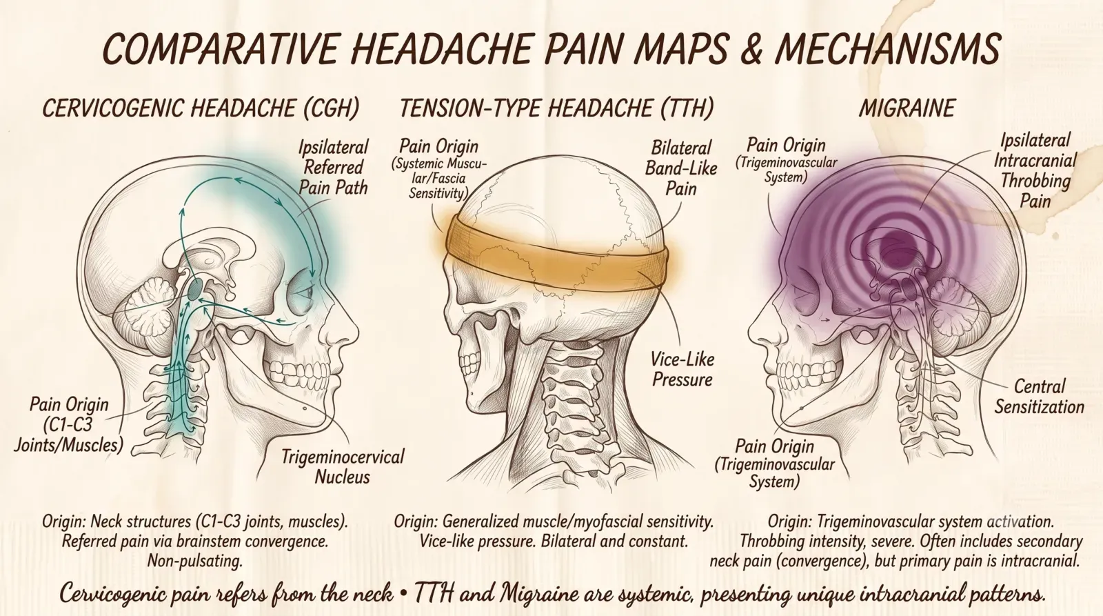 Illustration of many causes of headache, particularly pointing to upper cervical neck origins