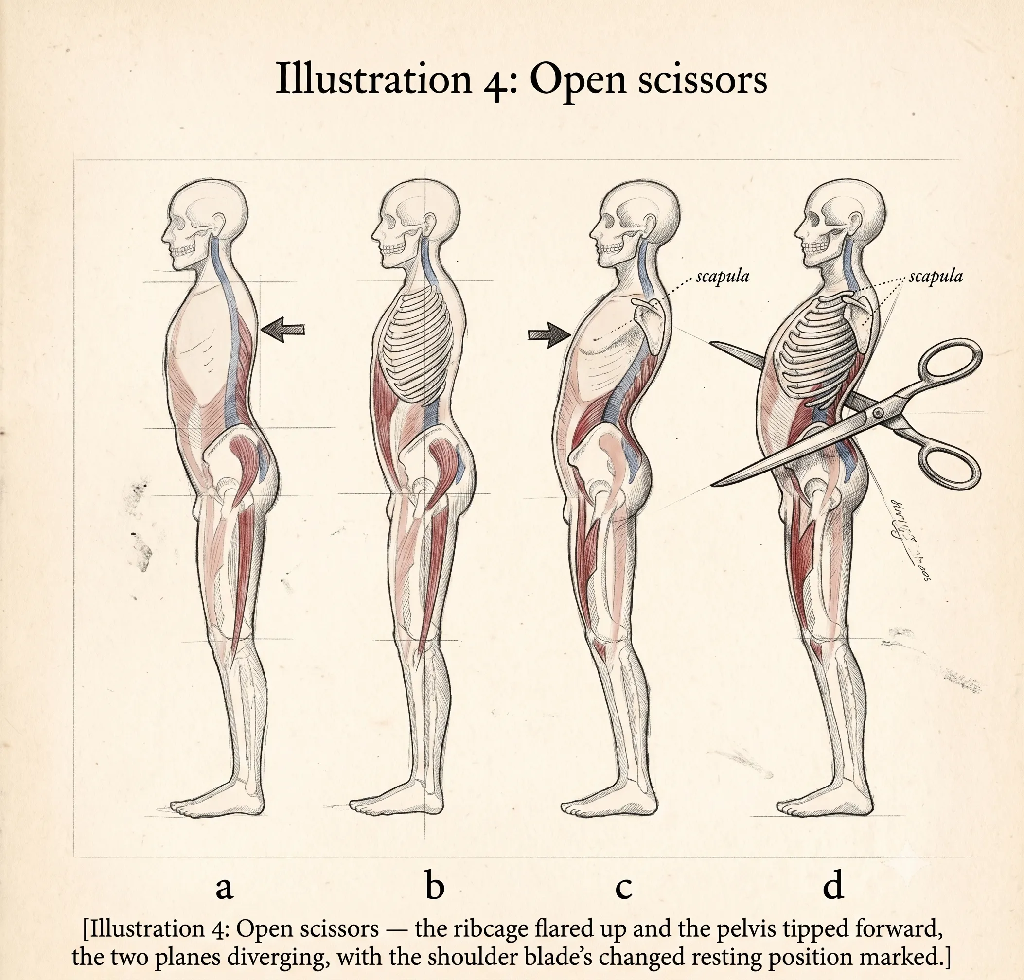 Open scissors — the ribcage flared up and the pelvis tipped forward, the two planes diverging, with the shoulder blade's changed resting position marked.