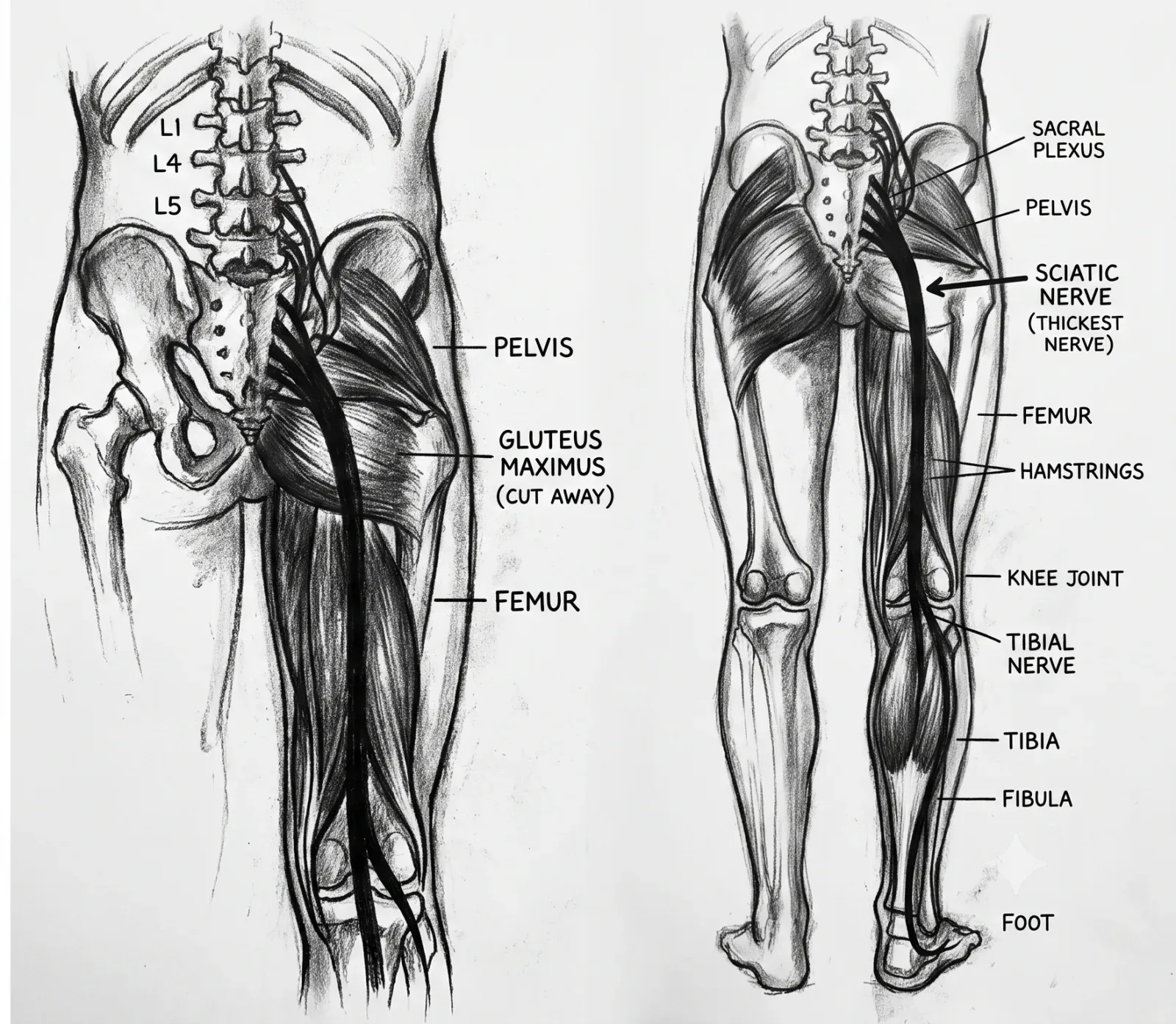 Sciatic nerve pathway from lower back to leg