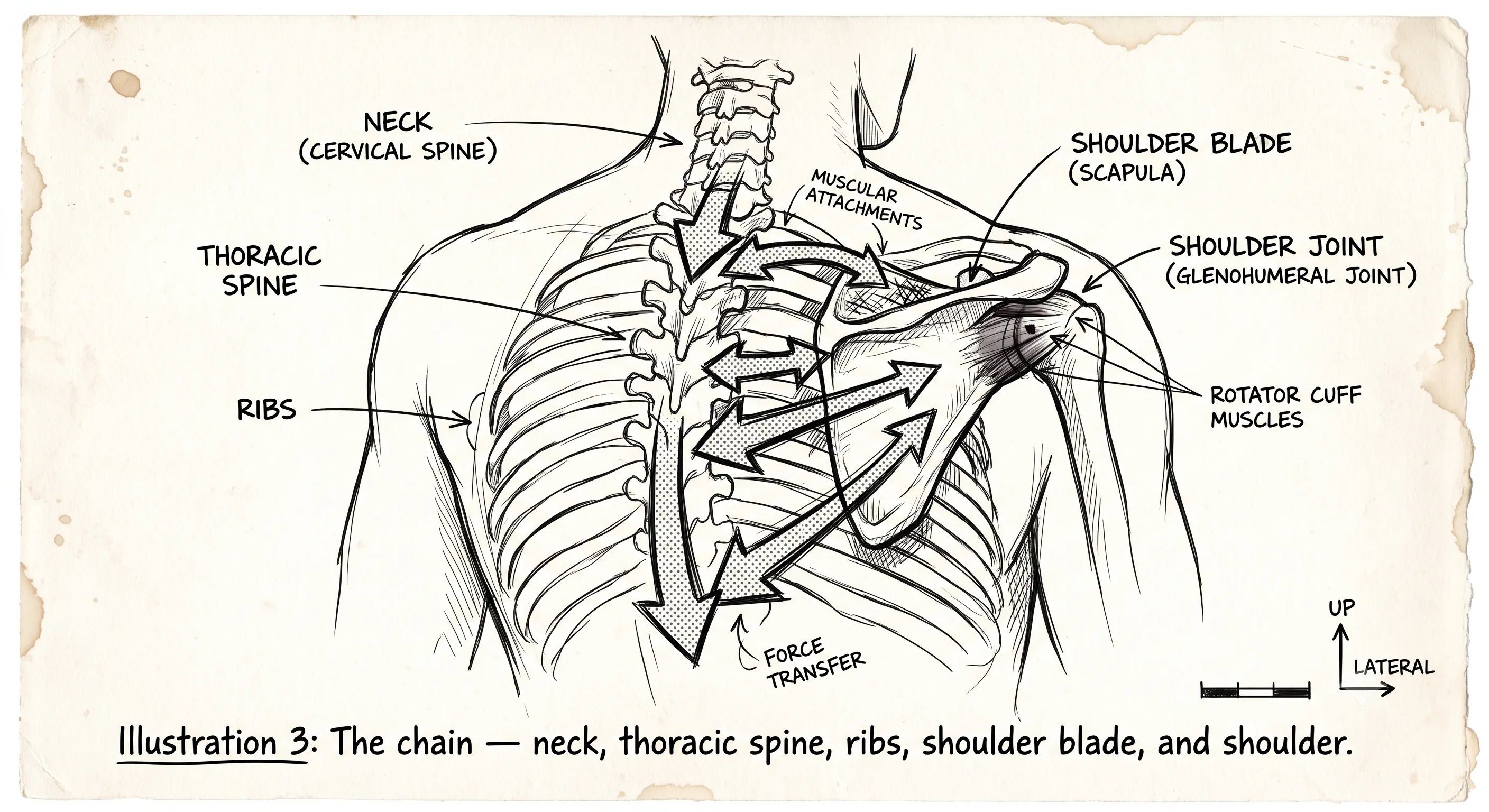 The chain — neck, thoracic spine, ribs, shoulder blade, and shoulder.