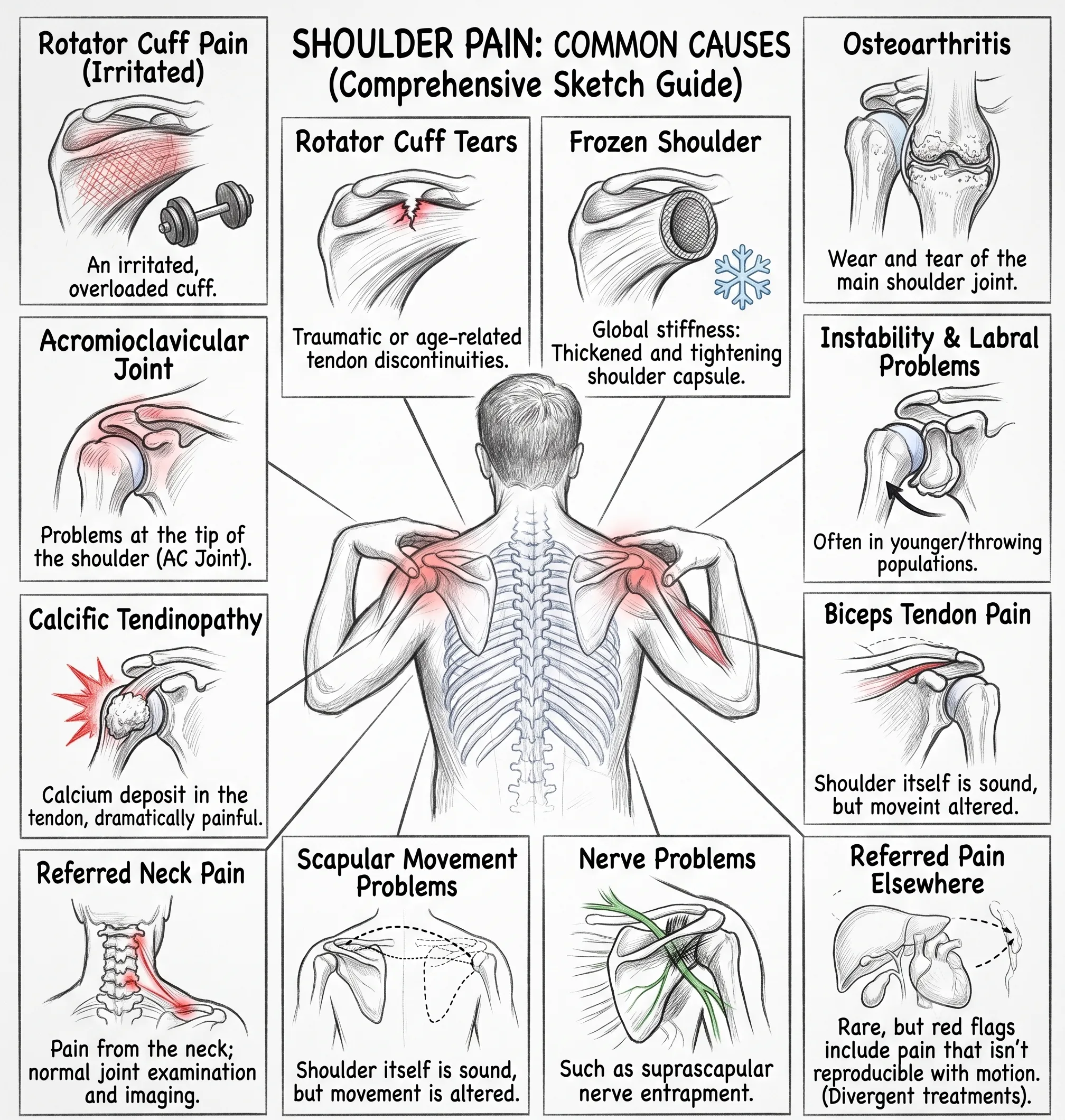 The differential — a simple grid of the main problems that present as shoulder pain, grouped by whether movement is limited by pain or by stiffness.