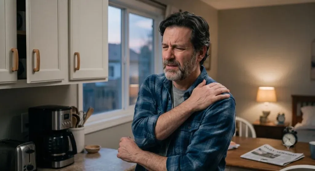 The shoulder — pain at the front and outer shoulder, worse overhead, worse at night.