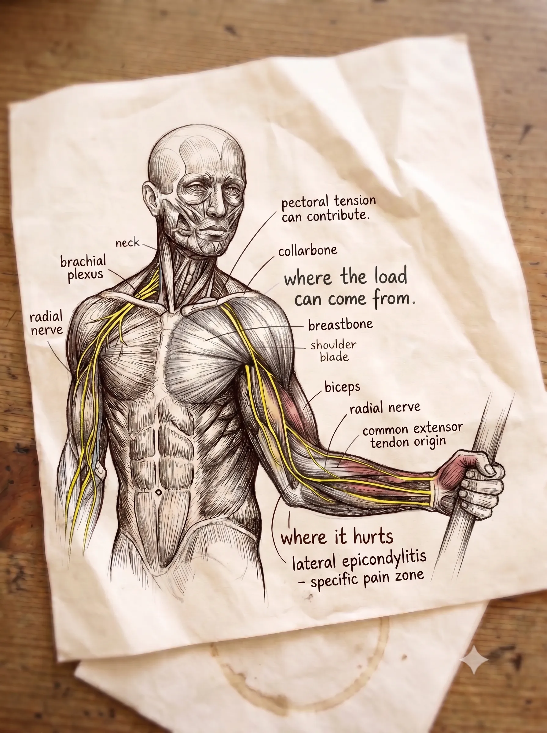 The elbow itself — pain at the lateral epicondyle radiating into the forearm extensors, tender point marked.