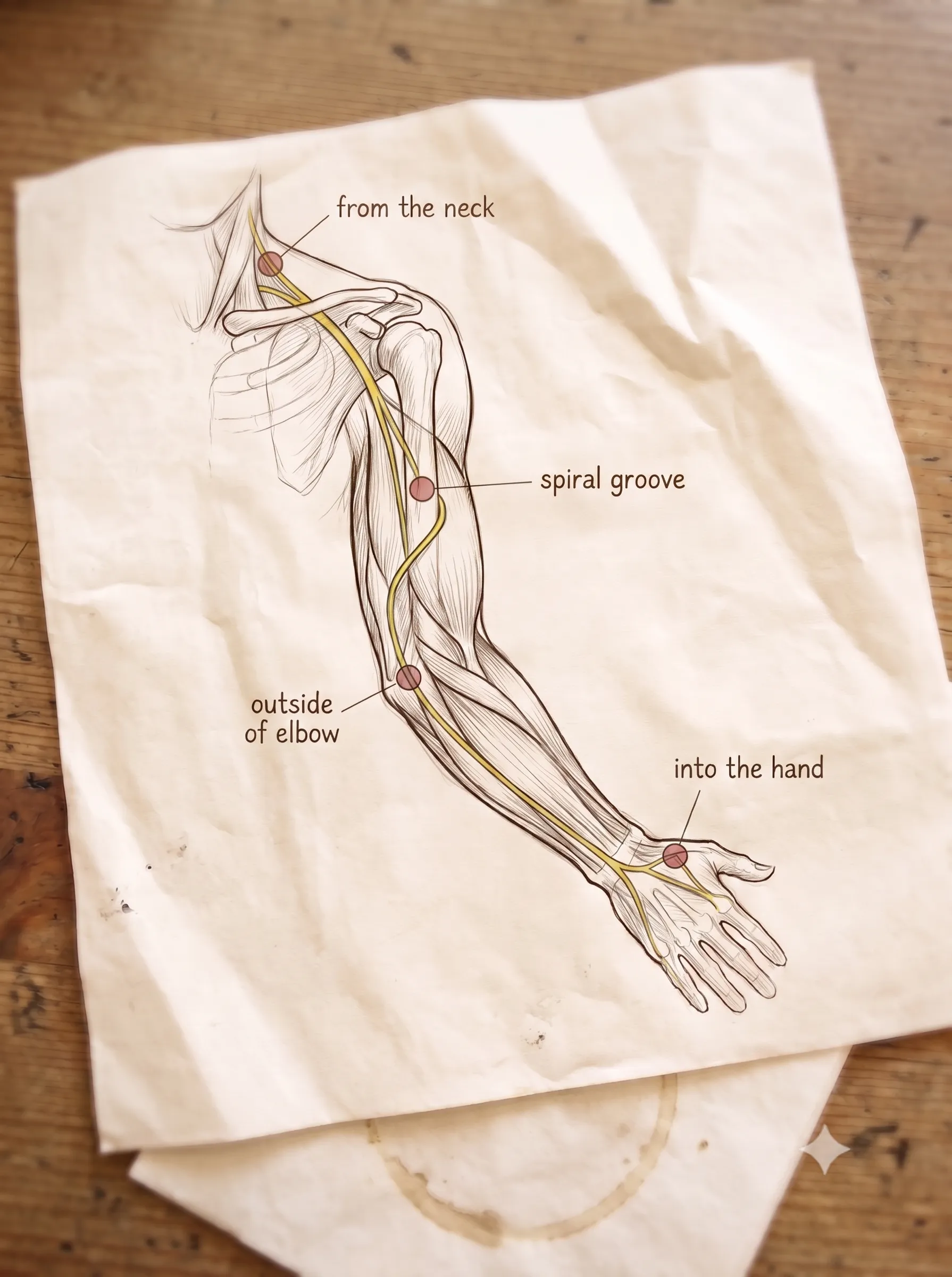 The chain — neck, shoulder blade, upper arm, forearm, elbow — with the elbow marked as where it hurts and the chain marked as where the disturbance sits.
