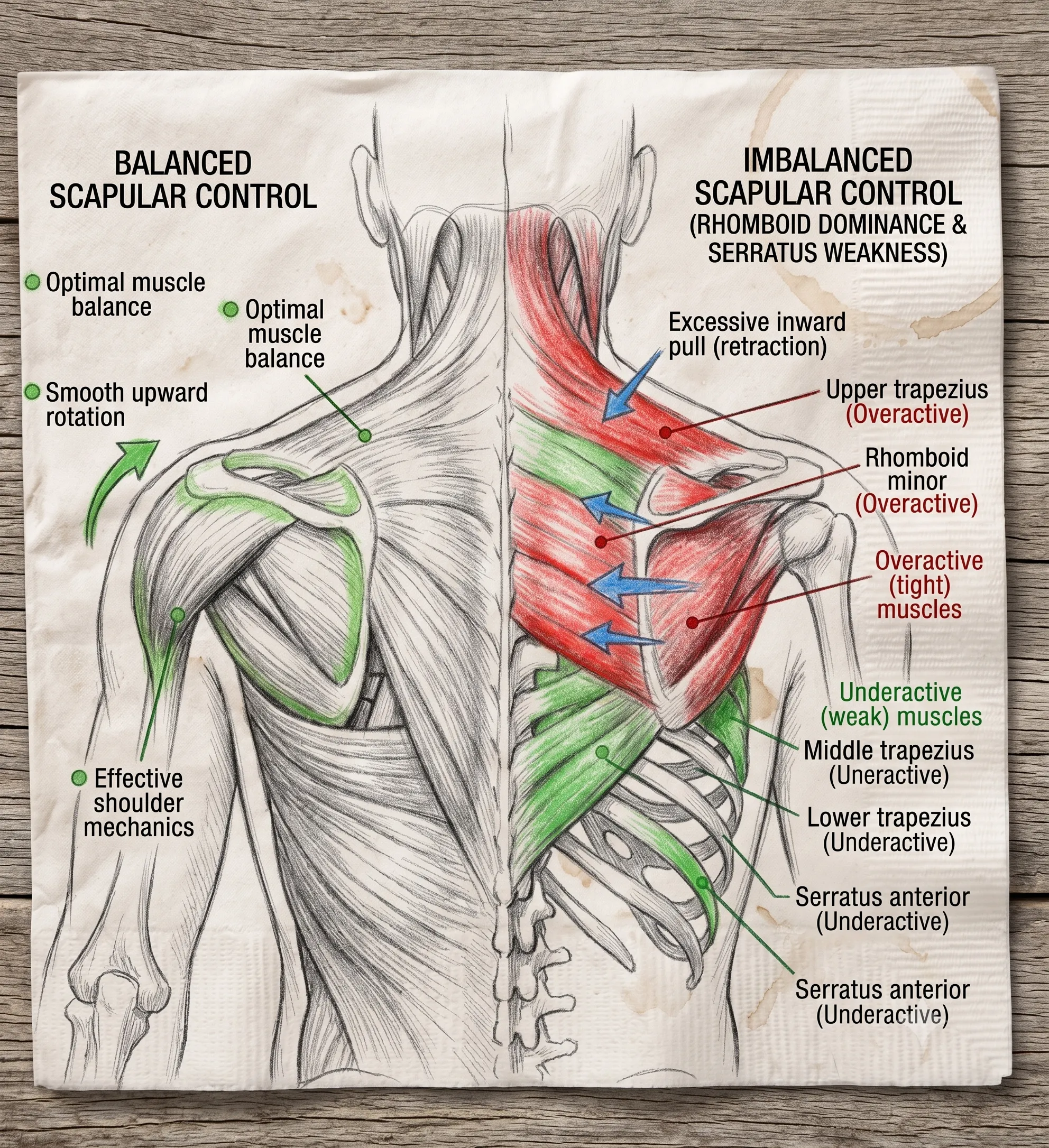 Shoulder-blade comparison — a stable, well-positioned scapula with a relaxed forearm, alongside a poorly controlled one with the forearm extensors marked as compensating.