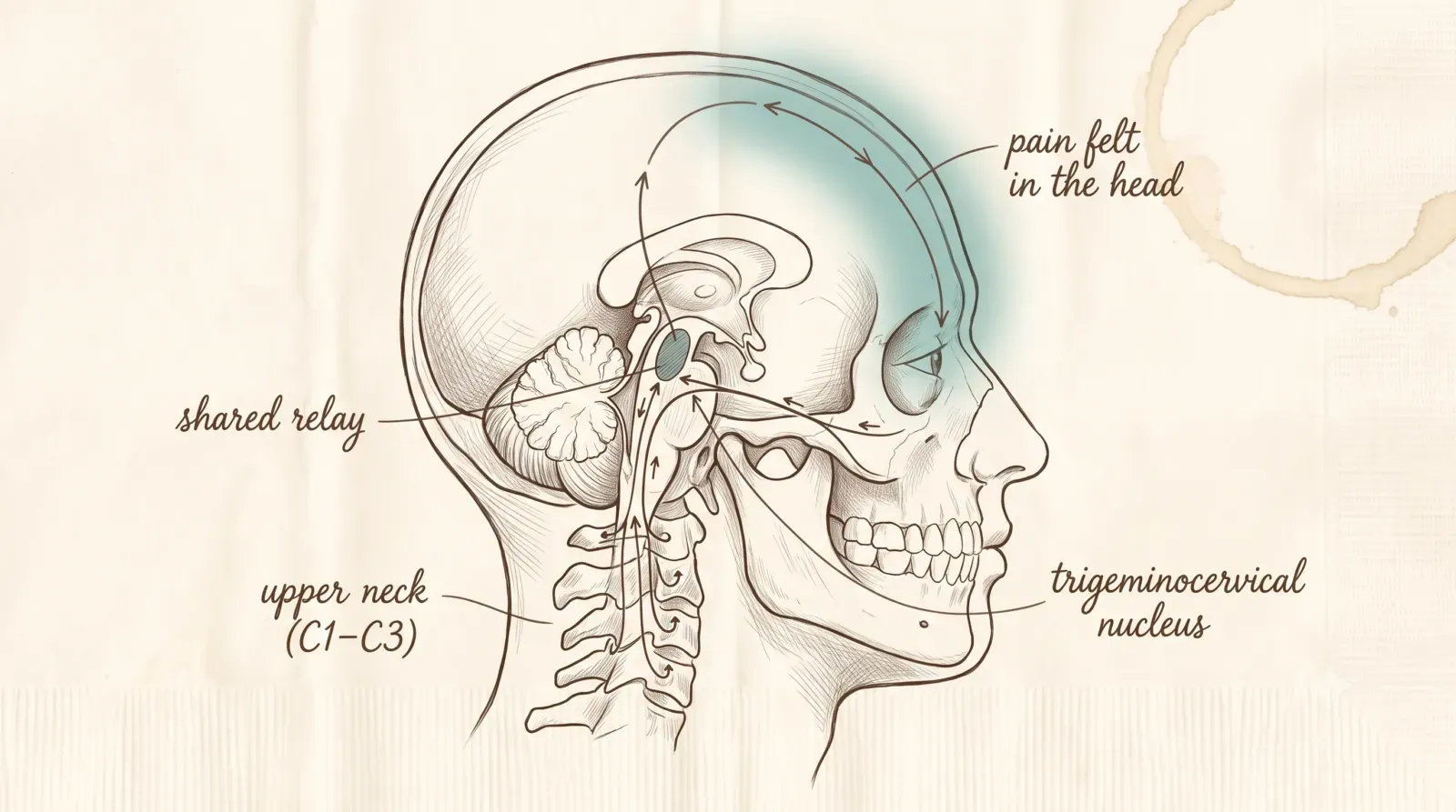 Diagram showing the convergence of neck and head pain signals in the trigeminocervical nucleus